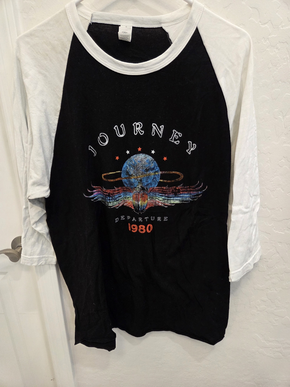 Tultex Black & White Raglan Tee with Multicolor Journey 'Departure 1980' Graphic